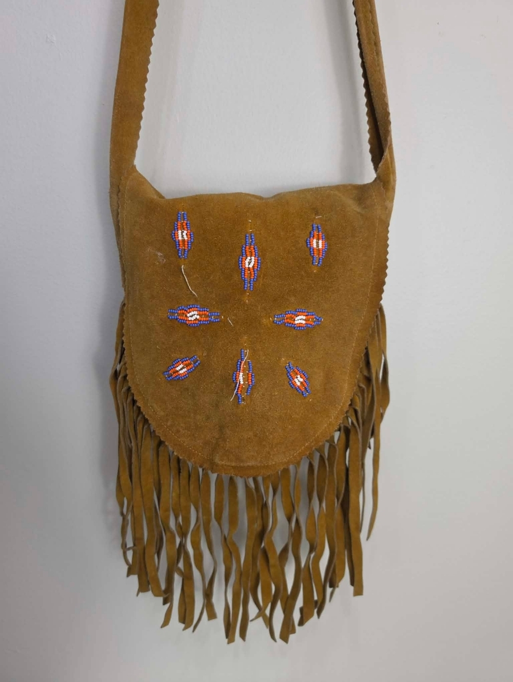 Boho Fringe Suede Crossbody Bag with Beaded Accent - Tan